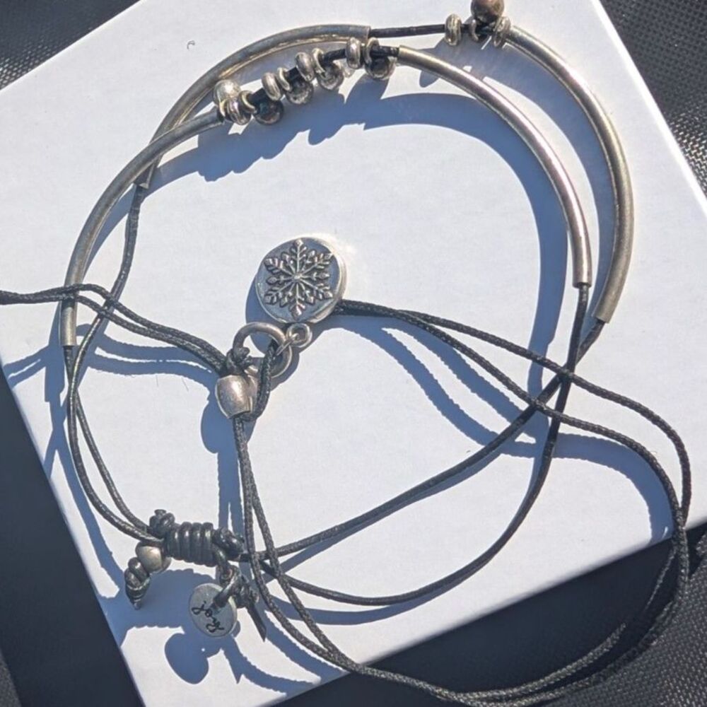 Alex and Ani 2016 Snowflake Cord Bracelet & Silver Joy Tube Slider Stack 2pc